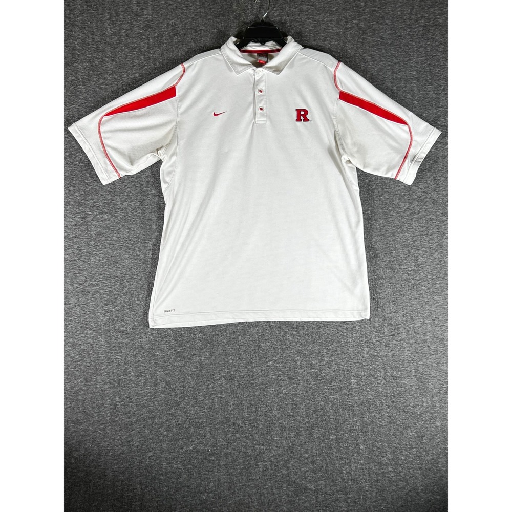 Nike Team Rutgers Scarlet Knights Polo Shirt Mens XL White Red Nike Fit Dry